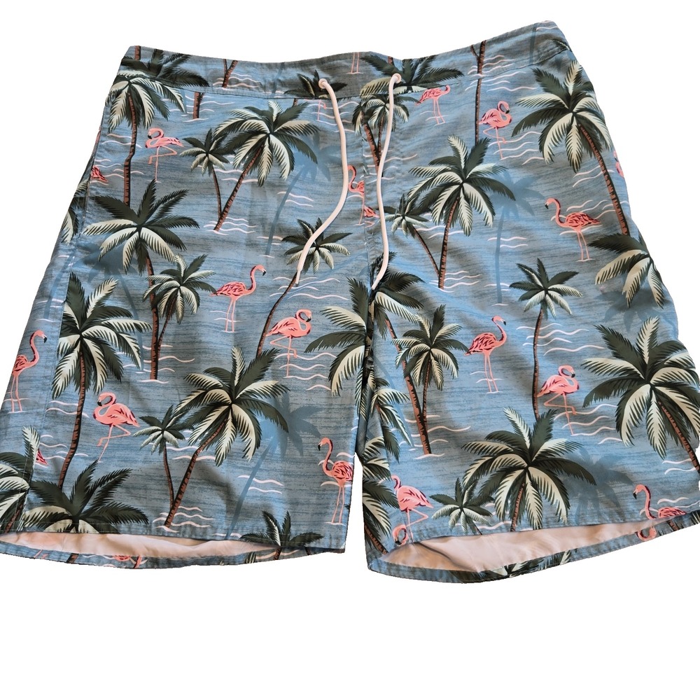St. John's Bay Mens Above the Knee 2XLT Turquoise Flamingo Swimshorts